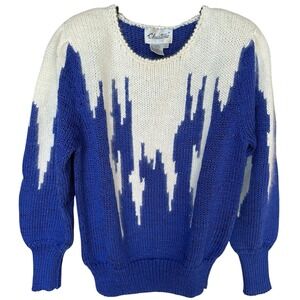 VTG 90s Christine Sweater Women's Size S Blue White Pullover‎ Rayon Blend Angora